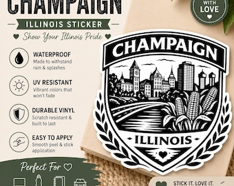 Champaign Illinois Skyline Sticker – Minimalist College Town Vinyl Decal (Waterproof)