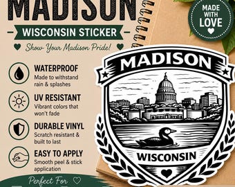 Madison Wisconsin Crest Sticker – Capitol Skyline Vinyl Decal – Minimalist Laptop Water Bottle Car Sticker