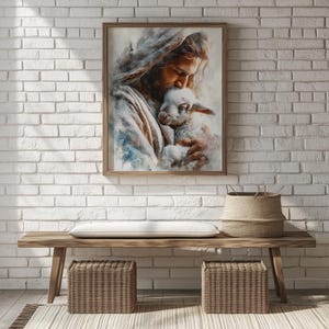 Biblical pastoral picture digital print for living room — peaceful image of Jesus and lamb with muted earth tones and soft brushwork.