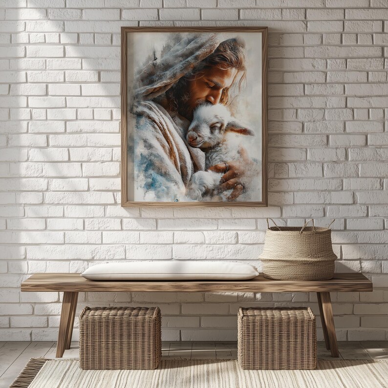 Biblical pastoral picture digital print for living room — peaceful image of Jesus and lamb with muted earth tones and soft brushwork.