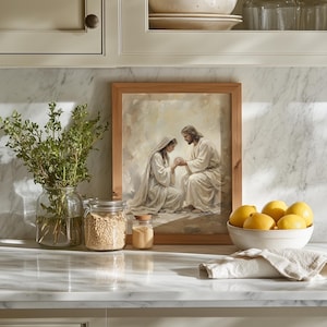 Tender moment between Jesus and a woman poster for prayer corner — spiritual artwork with muted tones and impressionistic brushstrokes.
