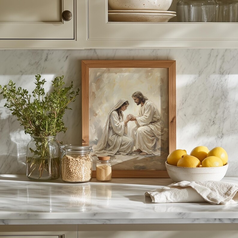 Tender moment between Jesus and a woman poster for prayer corner — spiritual artwork with muted tones and impressionistic brushstrokes.