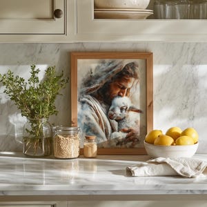 Jesus holding a tender lamb wall art for nursery — soothing digital painting with soft color palette and devotional ambiance.