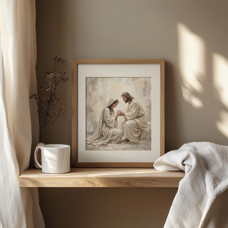 Spiritual oil painting of Jesus comforting a woman for bedroom — warm tones and an intimate connection promote a tranquil atmosphere.