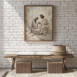 Soulful artwork of Jesus and a woman wall decor for home office — soothing colors and brushstrokes create a peaceful centerpiece.
