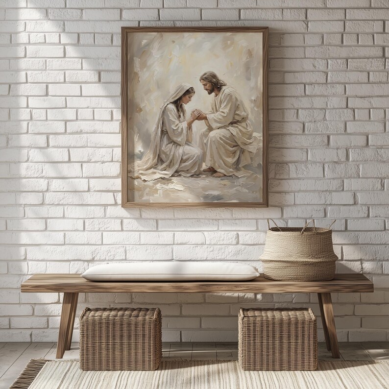 Soulful artwork of Jesus and a woman wall decor for home office — soothing colors and brushstrokes create a peaceful centerpiece.