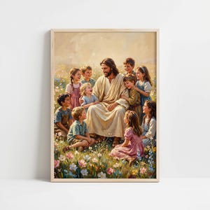 May include: A framed print showing a figure in a cream robe surrounded by children in a field of wildflowers. The children, in pastel colours, are smiling and laughing, creating a warm atmosphere. The artwork is set in a light-toned wooden frame.