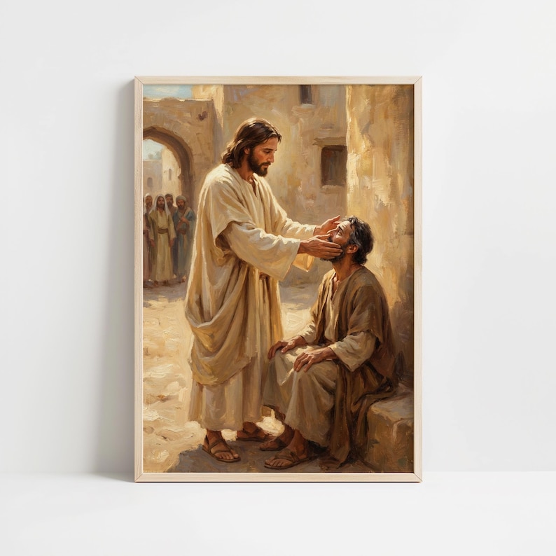 Biblical healing scene digital print for home office — traditional realism capturing light and emotion, embodying spiritual depth.