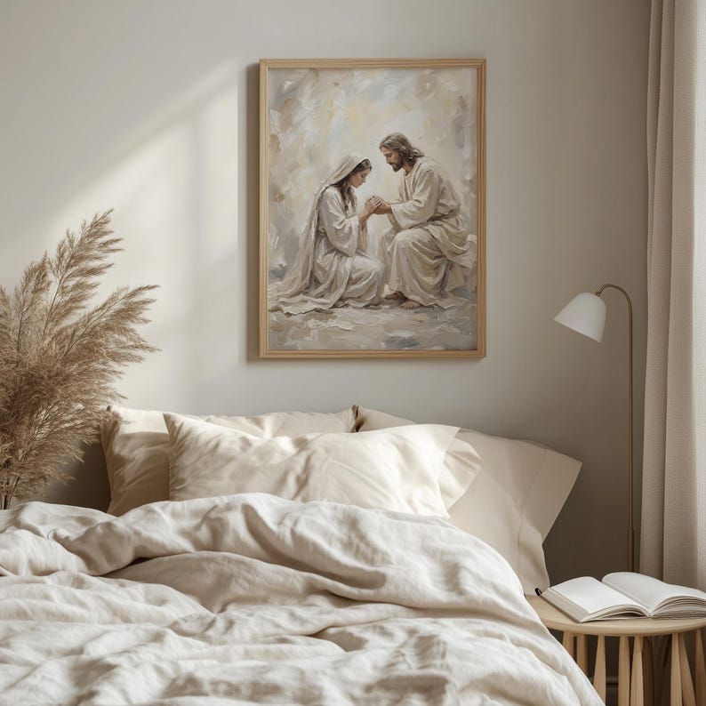 Compassionate Jesus holds hands with a woman printable art for hallway — serene scene highlighted by gentle colors and textured backdrop.