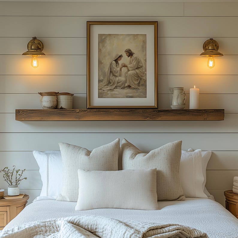 Spiritual portrayal of Jesus comforting impressionistic art for living space — soft neutrals and a serene vibe enhance any room.