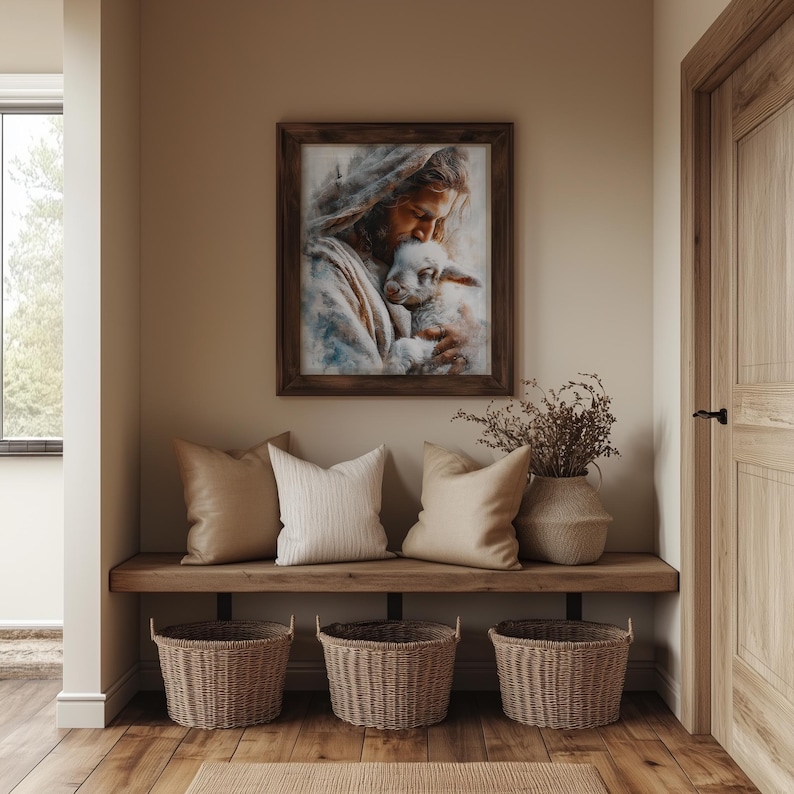 Pastoral Jesus holding lamb digital download for meditation space — serene and comforting artwork featuring soft watercolor-like textures.