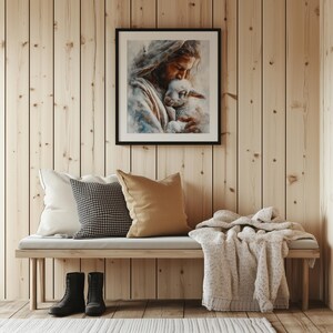 Heartfelt Jesus and lamb picture printable art for family room — realistic painting radiating warmth and tenderness with earthy tones.
