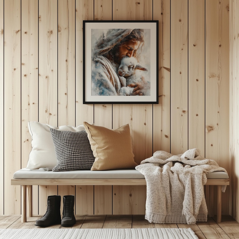 Heartfelt Jesus and lamb picture printable art for family room — realistic painting radiating warmth and tenderness with earthy tones.