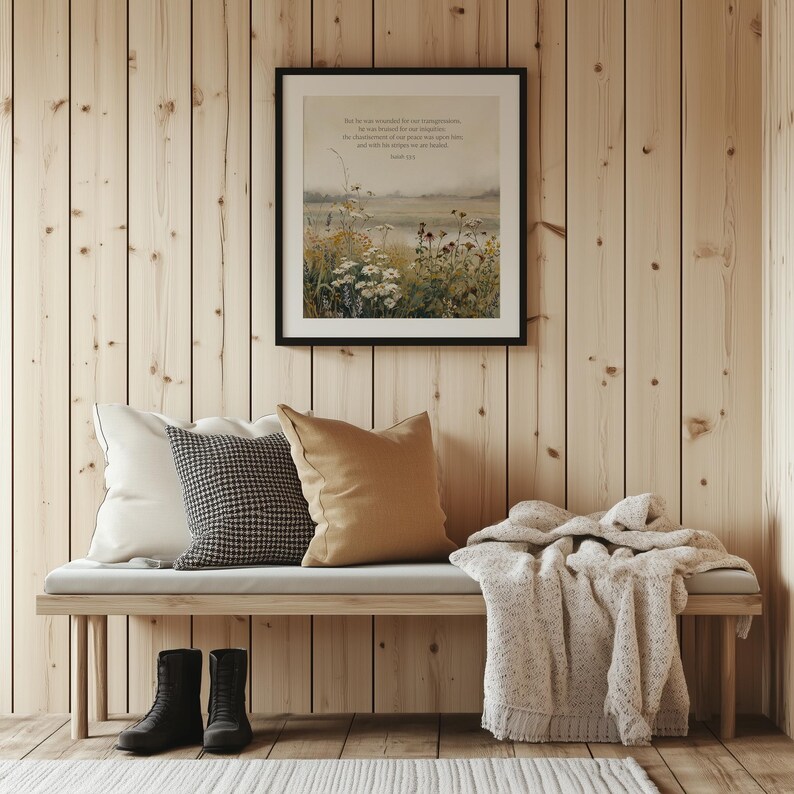 Floral wall art featuring Isaiah 53:5 for study — captivating watercolor design with a rustic feel perfect for contemplation.