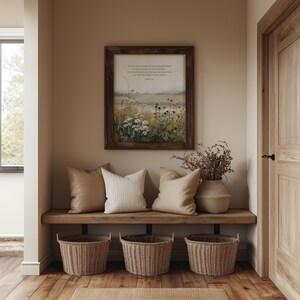 Wildflower meadow wall art for nursery — serene watercolor scene with gentle daisies and soft hues inspired by Isaiah 53:5.