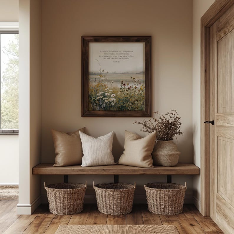 Wildflower meadow wall art for nursery — serene watercolor scene with gentle daisies and soft hues inspired by Isaiah 53:5.