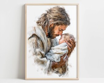 May include: A framed print depicts a man with long, light brown hair and a beard, cradling a baby. The man, dressed in light-colored robes, gently holds the infant, who is wrapped in a white cloth. The artwork has a soft, painterly style.