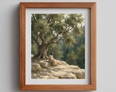 Printable Jesus Under Olive Tree Painting, Peaceful Neutral Wall Art Depiction, Calming Pastoral Scene, Spiritual Devotional Decor, 14