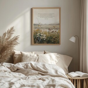 Serene landscape poster for dining area — featuring a peaceful wildflower meadow and comforting scripture in vintage tones.