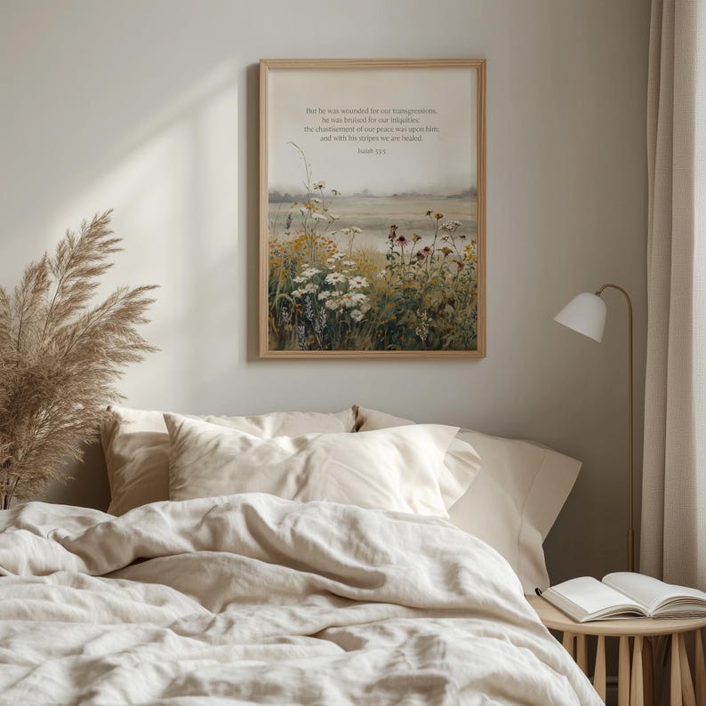 Serene landscape poster for dining area — featuring a peaceful wildflower meadow and comforting scripture in vintage tones.