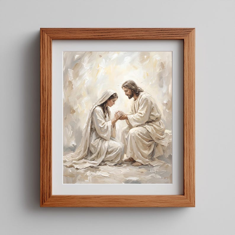 Jesus offering solace to a kneeling lady digital print for living room — calming visuals in a soft, neutral palette for peaceful ambiance.