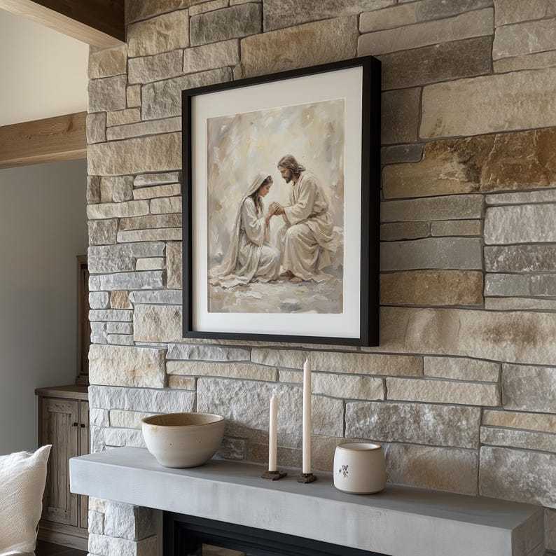 Compassionate embrace between Jesus and a woman printable painting for entryway — calming tones and an intimate atmosphere invite peace.