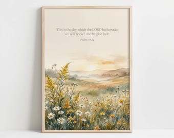 Psalm 118:24 Wildflower Meadow Printable - Cottagecore Landscape Art, Sunlit Daisies, Soft Watercolor Farmhouse Decor, Digital Download