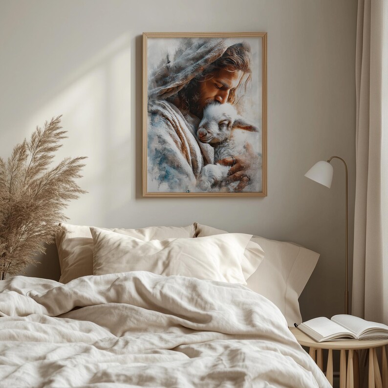 Serene artwork of Christ embracing a lamb poster for entryway — realistic depiction with calming hues and gentle expression.