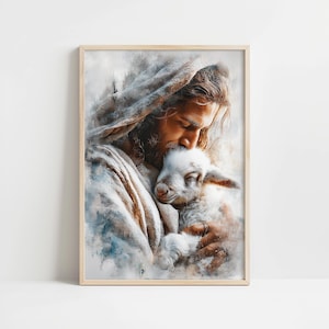 Tender Jesus with lamb oil painting for nursery — affectionate scene capturing a peaceful bond in delicate textures and warm tones.