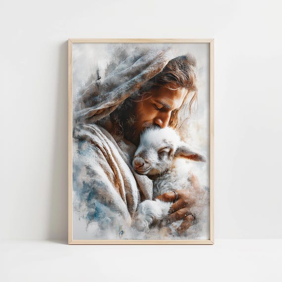 Jesus Holding Lamb - Tender Pastoral Wall Art, Realistic Digital Painting, Peaceful Nursery Printable Decor, Jesus Leaves 99