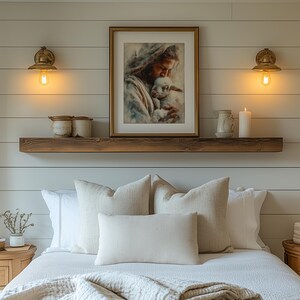 Gentle embrace of Jesus with lamb wall art for serene retreat — calming and devotional digital image with soft lighting and rich colors.