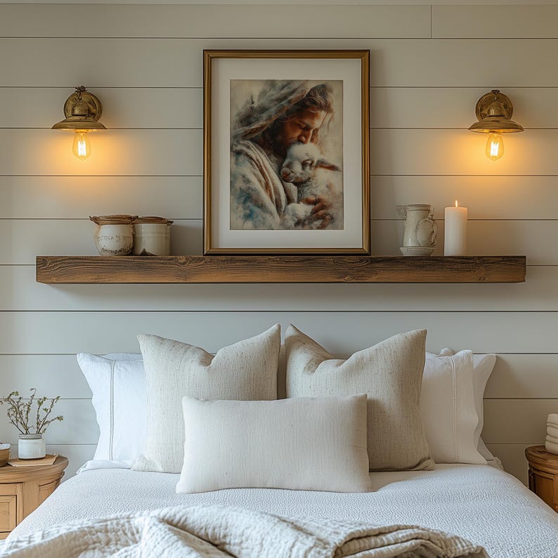 Gentle embrace of Jesus with lamb wall art for serene retreat — calming and devotional digital image with soft lighting and rich colors.