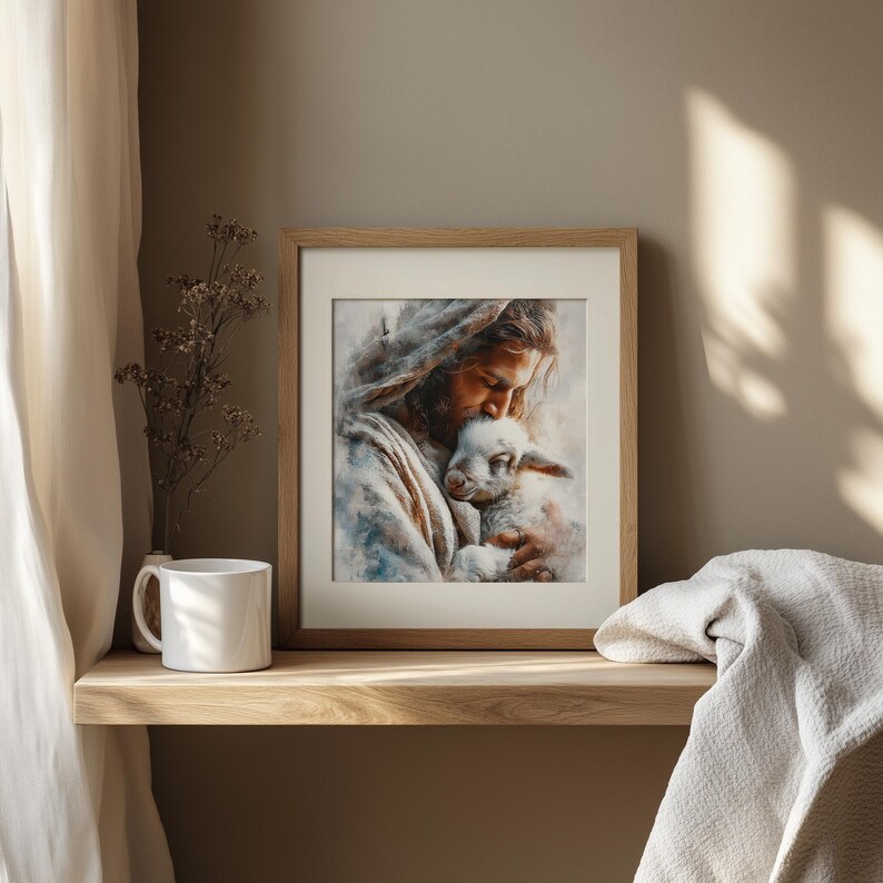Loving shepherd painting wall art for child's room — heartwarming scene featuring gentle colors and tranquil atmosphere.