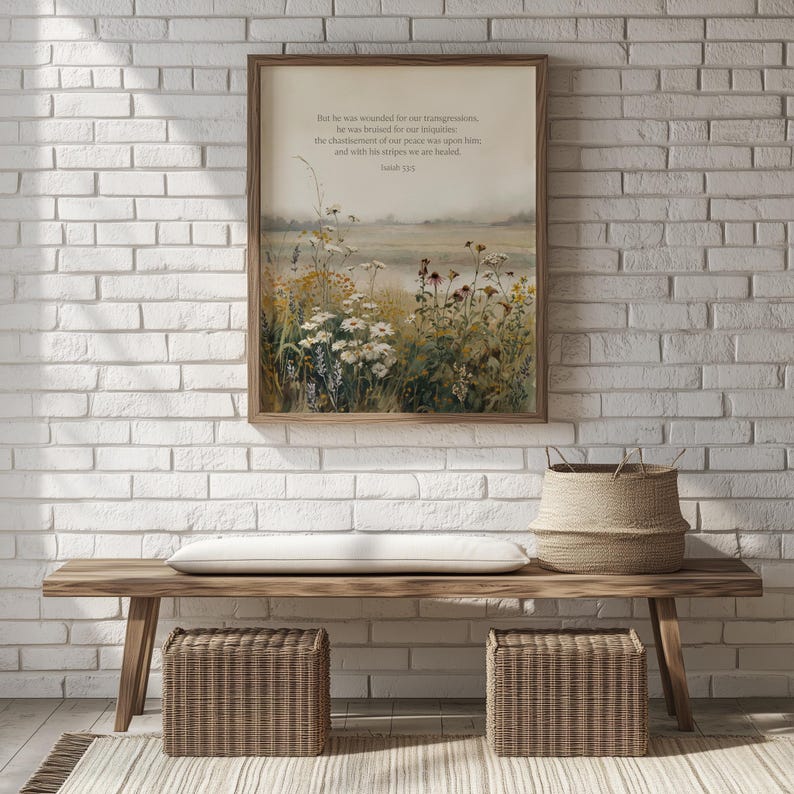 Wildflower watercolor art for entryway — serene backdrop with biblical verse Isaiah 53:5 that adds warmth to any space.
