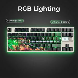 May include: A white mechanical keyboard with black keycaps and RGB lighting. The keyboard has a glowing effect and enhanced colours. The image shows the keyboard lit up with green and other colours.
