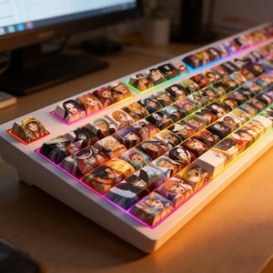 May include: A white mechanical keyboard with custom keycaps featuring colourful anime character illustrations. The keyboard has a rainbow LED backlight and is set on a wooden desk. The keycaps display various anime characters.