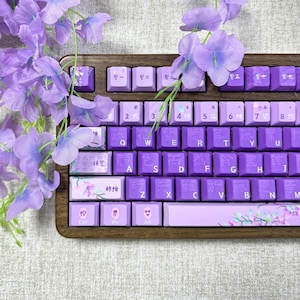 May include: A custom mechanical keyboard with purple keycaps and a wooden frame. The keycaps feature Japanese characters and floral designs. Purple flowers are arranged around the keyboard, enhancing the aesthetic.