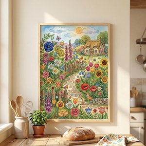Puede incluir: Una lámina de arte enmarcada con una colorida ilustración de un camino de piedra que serpentea a través de un jardín vibrante hacia una casa de campo. La escena incluye varias flores como girasoles, amapolas y rosas, junto a un pájaro y mariposa.