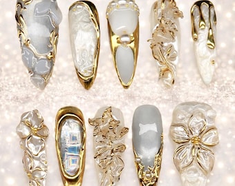 Luxury Pearl & Gold 3D Floral Press-On Nail Set – Elegant Bridal White Chrome Statement Nails