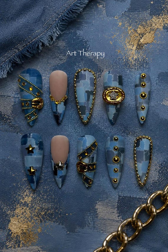 Blue Patchwork Stiletto Nails | Gold Buckle, Studded Denim Y2K Statement Set