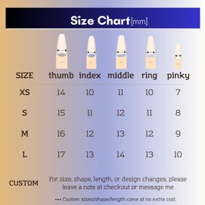 May include: A size chart for nail sizes, with measurements in millimeters. The chart includes sizes XS, S, M, and L, with corresponding thumb, index, middle, ring, and pinky measurements. Text at the bottom indicates custom options.