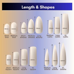 May include: An image displaying various nail shapes and lengths. The image shows Short, Medium, and Long variations of Oval, Almond, Coffin, Square, and Stiletto nail shapes. Measurements are in millimeters, with the longest nail shape being 40mm.