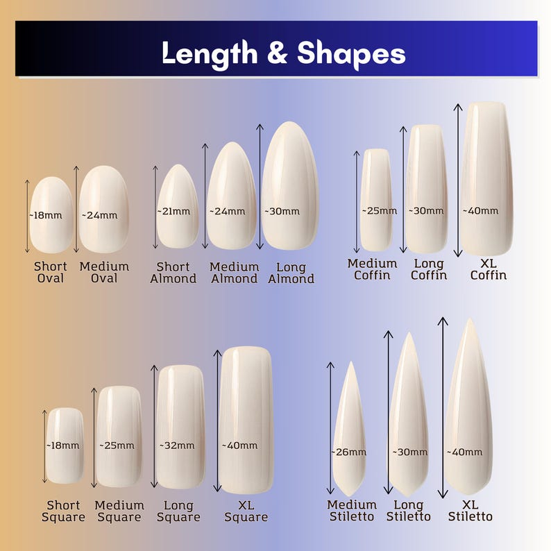 May include: An image displaying various nail shapes and lengths. The image shows Short, Medium, and Long variations of Oval, Almond, Coffin, Square, and Stiletto nail shapes. Measurements are in millimeters, with the longest nail shape being 40mm.