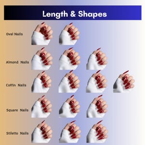 May include: A visual guide showcasing various nail shapes, including oval, almond, coffin, square, and stiletto. Each shape is demonstrated with a hand wearing vibrant red nail polish. The image is titled "Length & Shapes".