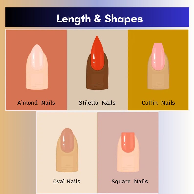 May include: An illustration showcasing different nail shapes: Almond, Stiletto, Coffin, Oval, and Square. Each nail is painted with a different color, ranging from light pink to bright orange. The image is labeled "Length & Shapes".