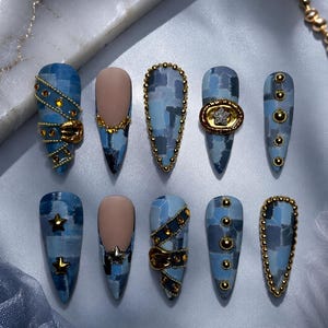 Blue Patchwork Stiletto Nails | Gold Buckle, Studded Denim Y2K Statement Set image 3