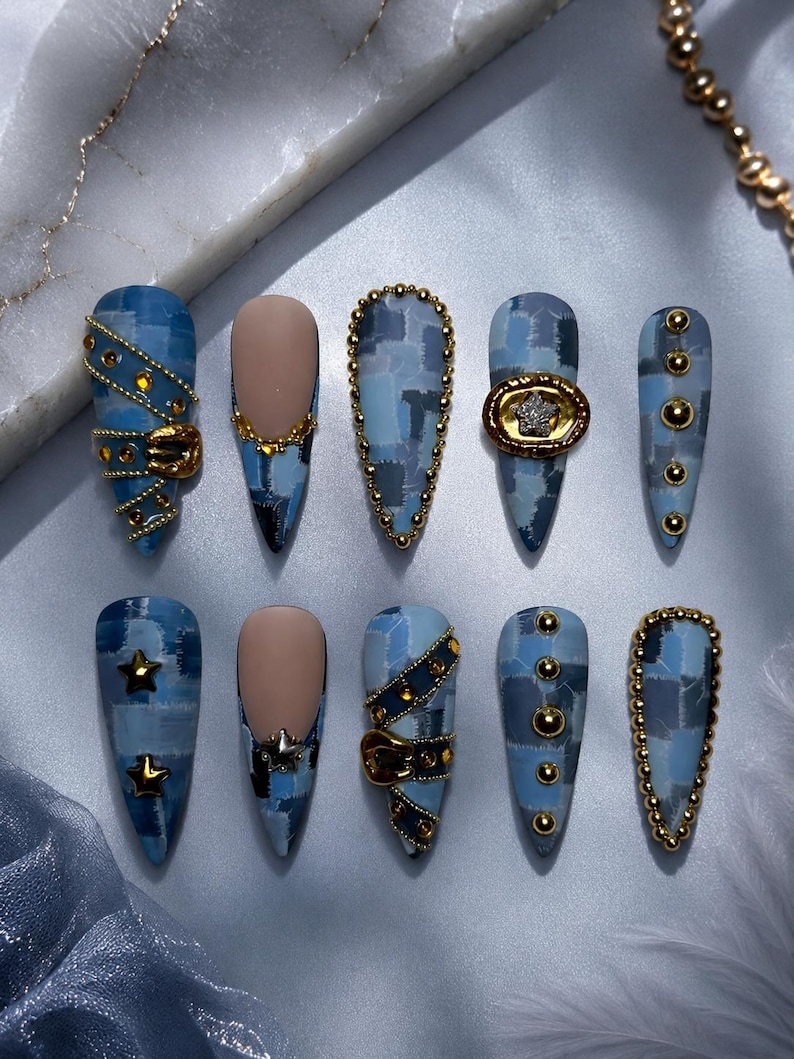 Blue Patchwork Stiletto Nails | Gold Buckle, Studded Denim Y2K Statement Set image 3