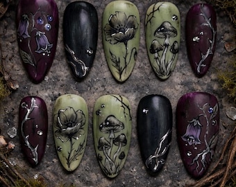 Gothic Forest Bloom Press-On Nails – Hand Painted Mushroom Floral Art (Plum, Sage Black)