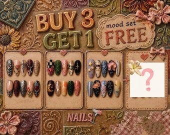May include: An image showcasing multiple sets of artificial nails with diverse designs. The image includes text that reads "BUY 3 GET 1 FREE" and "mood set FREE". The nails feature a variety of colours and patterns, including floral, geometric, and abstract designs.