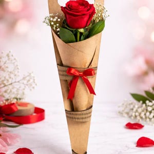 May include: A single red rose in a brown paper cone with a handle. The rose is surrounded by greenery and small white flowers. A red ribbon is tied around the cone. The background is blurred with pink and white tones.